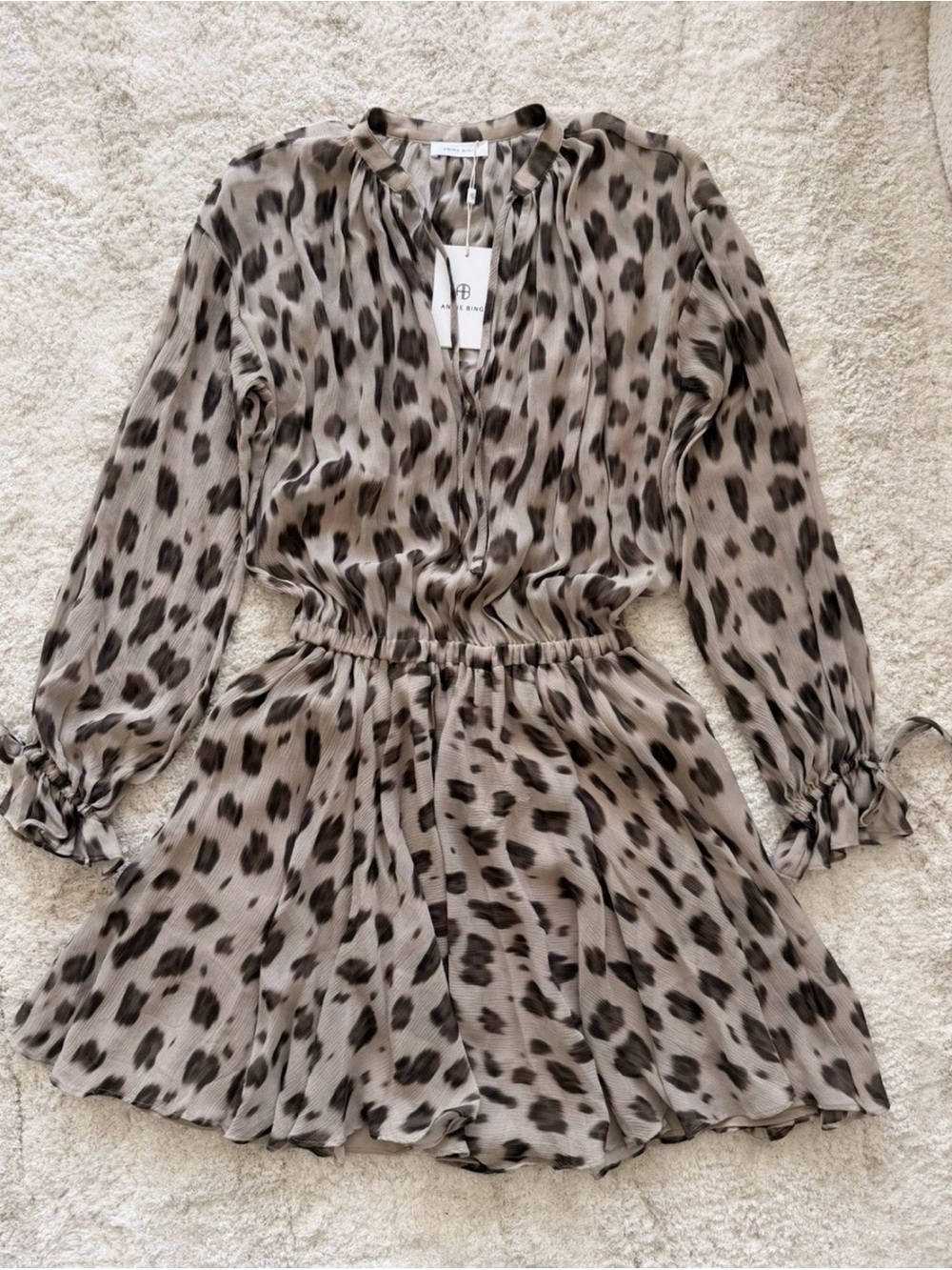 Anine Bing Taupe and Dark Brown Leopard Print Long Sleeve Dress
